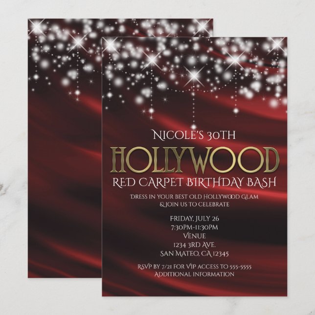 Red Silk & Sparkle Gold Hollywood Glam Einladung (Vorne/Hinten)