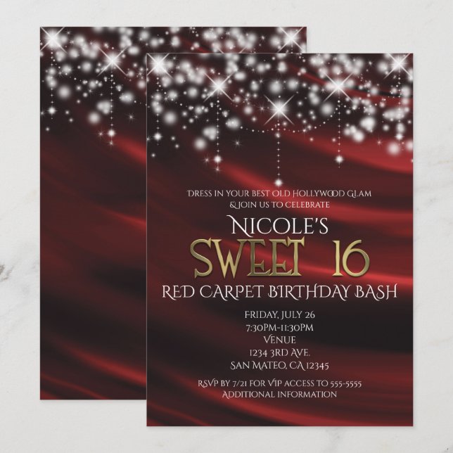Red Silk & Sparkle Gold Sweet 16 Glam Einladungen (Vorne/Hinten)