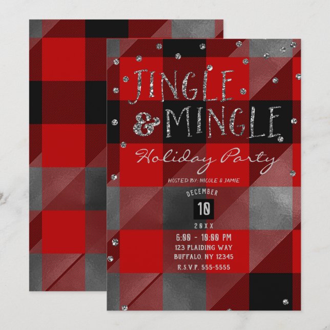 Red Silver Buffalo Kariert Jingle & Mingle Holiday Einladung (Vorne/Hinten)