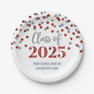 Red Silver Confetti Abschluss 2025 Pappteller