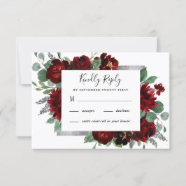 Red & Silver Country Burgund Rose Winter Wedding RSVP Karte