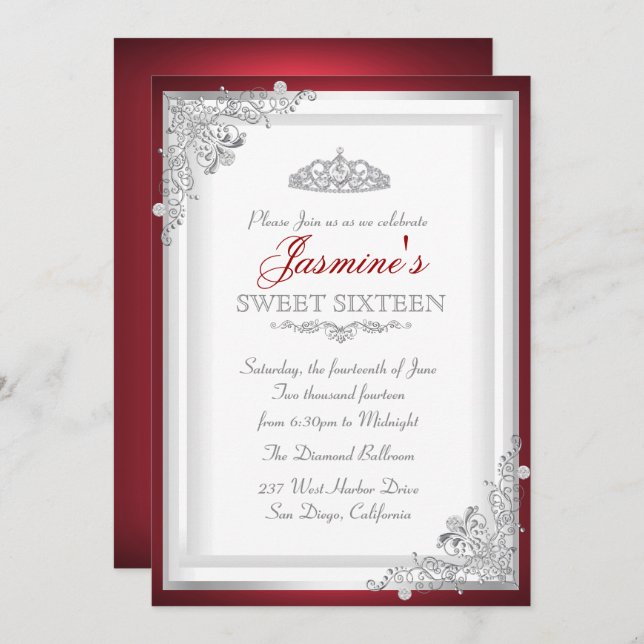 Red Silver Damask Tiara Sweet 16 Invitation (Devant / Derrière)