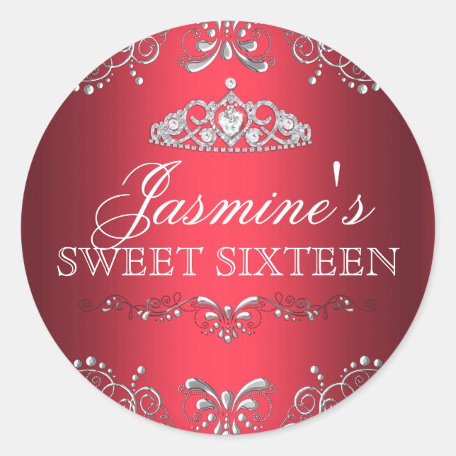 Red Silver Damask & Tiara Sweet 16 Sticker (Vorderseite)