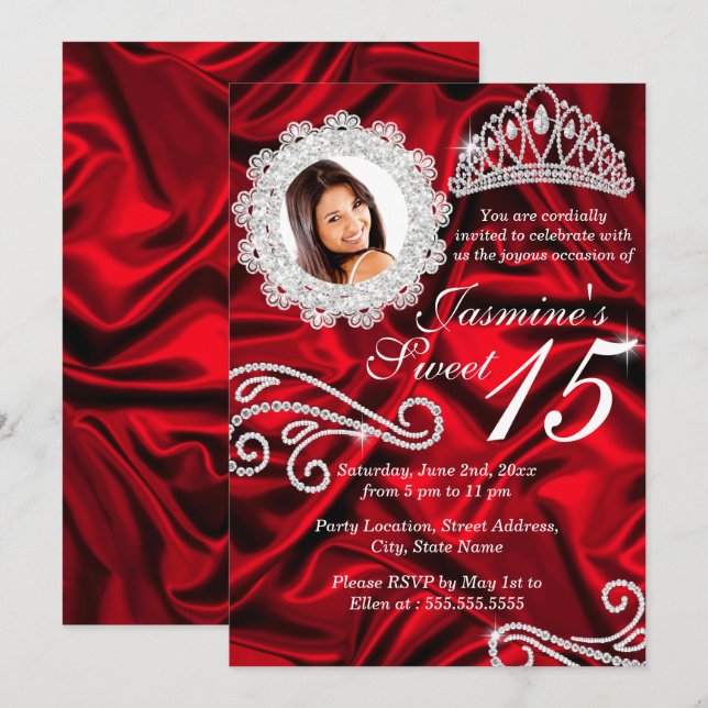 Red Silver Diamond Tiara Foto Quinceanera Einladung (Vorne/Hinten)