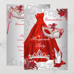 Red Silver Dress masquerade Quinceanera Maske Einladung