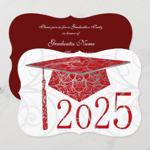 Red & Silver Floral Cap 2025 Graduation Party Einladung