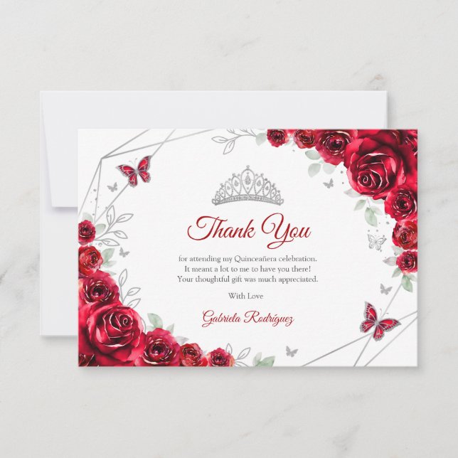 Red Silver Floral Quinceanera Dankeskarte (Vorderseite)
