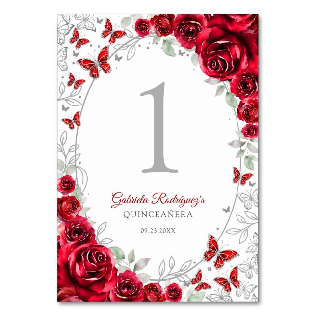 Red Silver Floral Quinceanera Tischnummer (Vorderseite)