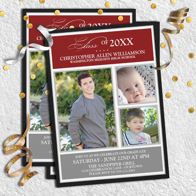 Red|Silver Foto Graduation Party Einladung (Von Creator hochgeladen)