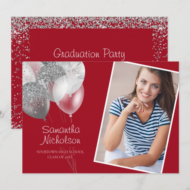 Red Silver Glitzer Balloons Graduation Party Foto Einladung (Vorne/Hinten)