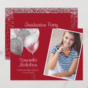 Red Silver Glitzer Balloons Graduation Party Foto Einladung