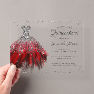 Red Silver Glitzer Dress Script Quinceañera Party Acryleinladungen