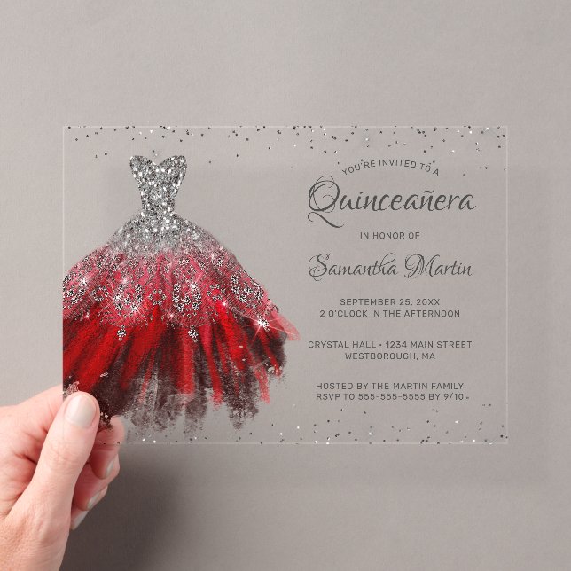 Red Silver Glitzer Dress Script Quinceañera Party Acryleinladungen (Insitu (Handheld))
