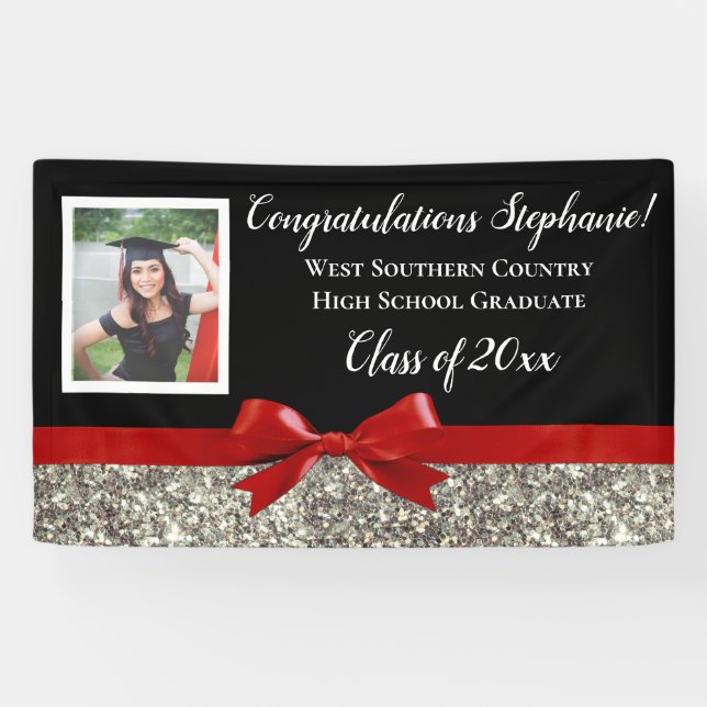 Red Silver Glitzer Foto Abschluss Banner Signierun (Horizontal)