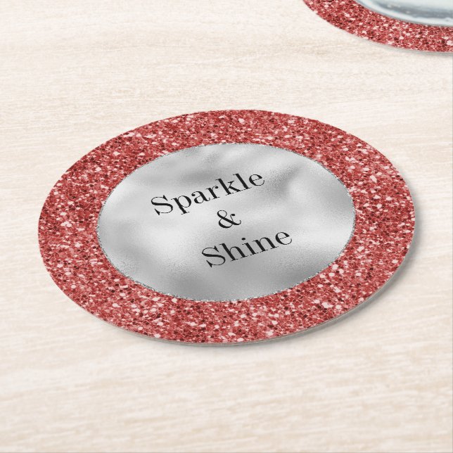 Red Silver Glitzer Runder Pappuntersetzer (Angewinkelt)
