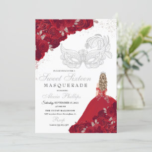 Red & Silver Glitzer Sweet 16 Masquerade Einladung
