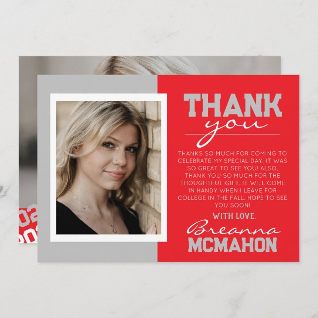 Red & Silver Grau Moderner Abschluss Danke Karte (Vorne/Hinten)