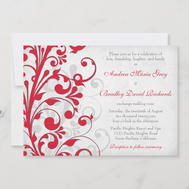 Red Silver Gray Grey Floral Wedding Einladung (Vorderseite)