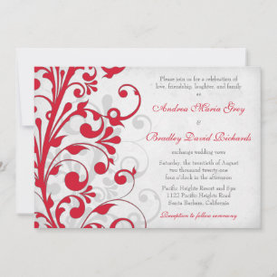 Red Silver Gray Grey Floral Wedding Einladung
