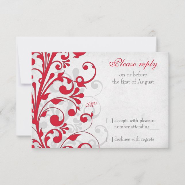 Red Silver Grey Gris Floral Wedding RSVP Répondre (Devant)