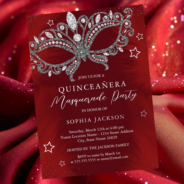 Red Silver Masquerade Mask Star Quinceanera Folieneinladung (Von Creator hochgeladen)