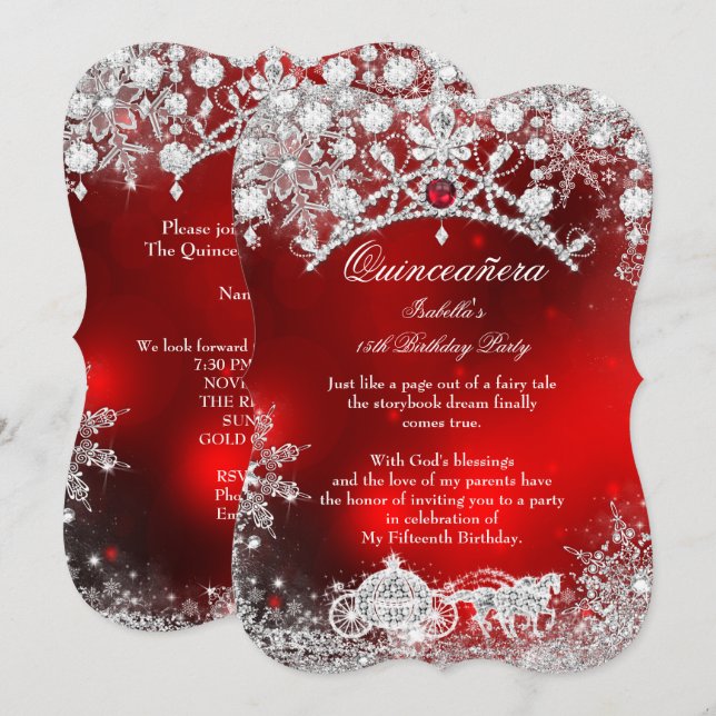 Red Silver Quinceanera 15. Winter Wonderland Einladung (Vorne/Hinten)