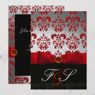 RED SILVER RIBBON & BLACK DAMASK MONOGRAMM Ruby Einladung