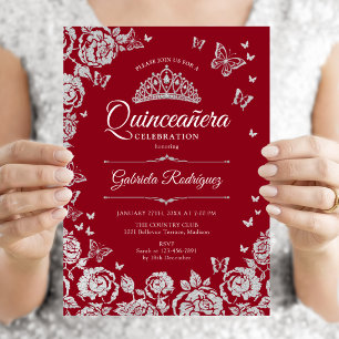 Red Silver Rose Schmetterlinge Quinceanera Einladung