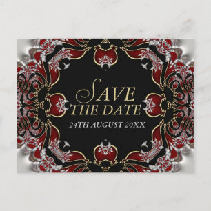 Red+Silver Satin Save the Date Postkarte