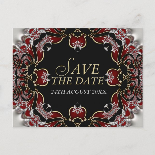 Red+Silver Satin Save the Date Postkarte (Vorderseite)