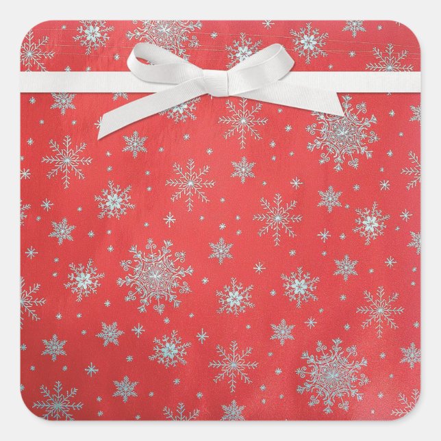 Red Silver Snow Flakes Weihnachtskartenumschlag Quadratischer Aufkleber (Vorderseite)