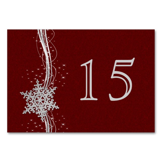 Red Silver Snowflakes Hochzeit Tischnummern (Vorderseite)