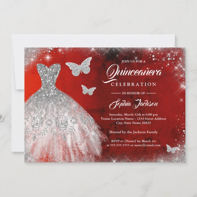 Red Silver Sparkle Dress Butterfly Quinceanera Einladung (Vorderseite)