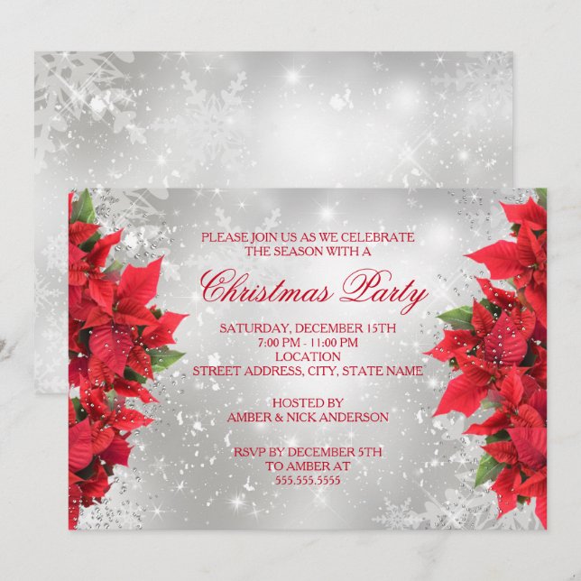 Red Silver Sparkle Holly Floral Weihnachtsfest Par Einladung (Vorne/Hinten)