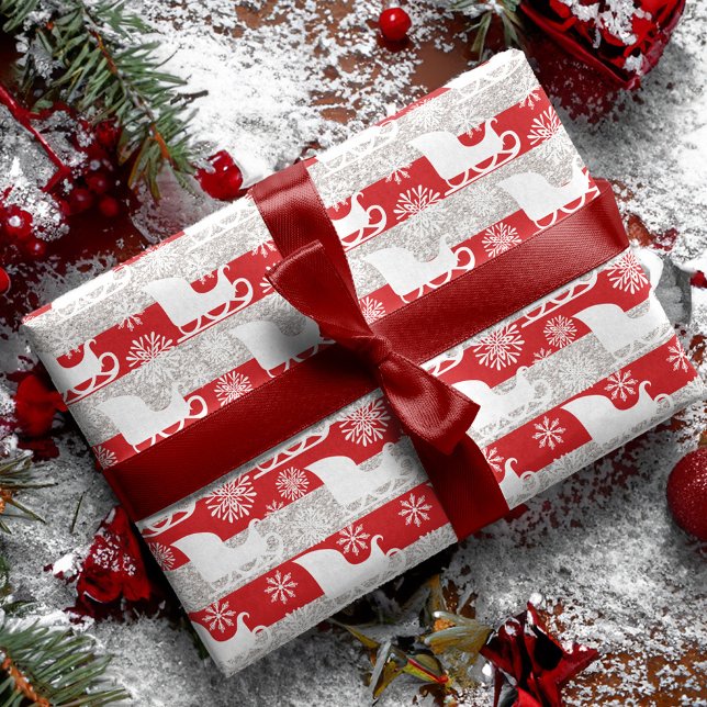 Red & Silver Stripe Snowflake & Santa Sleigh Geschenkpapier Set (Red & Silver Stripe Snowflake & Santa's Sleigh Wrapping Paper Sheets)