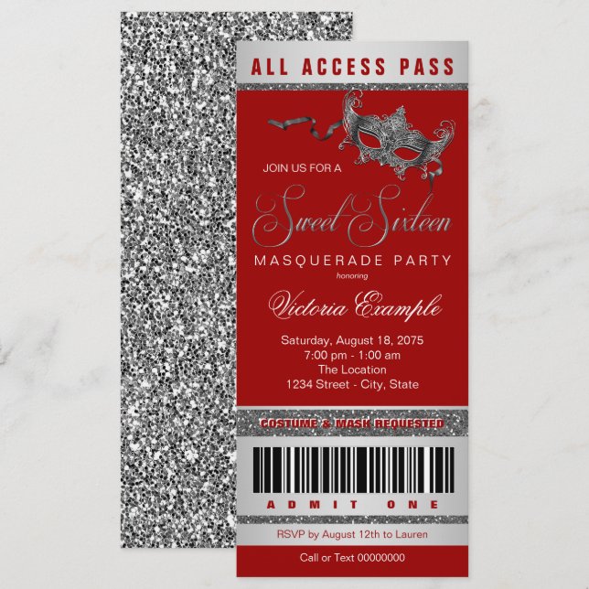 Red Silver Sweet 16 Masquerade Party Ticket Einladung (Vorne/Hinten)