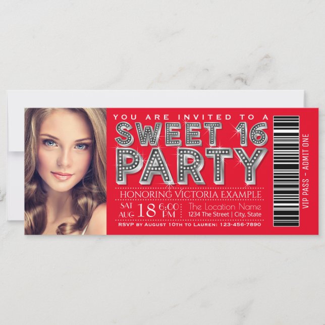 Red Silver Sweet 16 Ticket Einladung (Vorderseite)