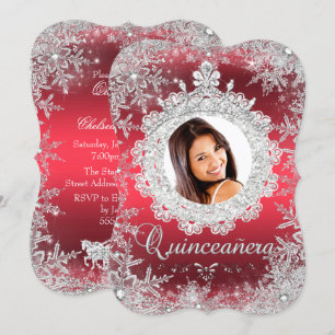 Red Silver Tiara Snowflake Sparkle Quinceanera Einladung