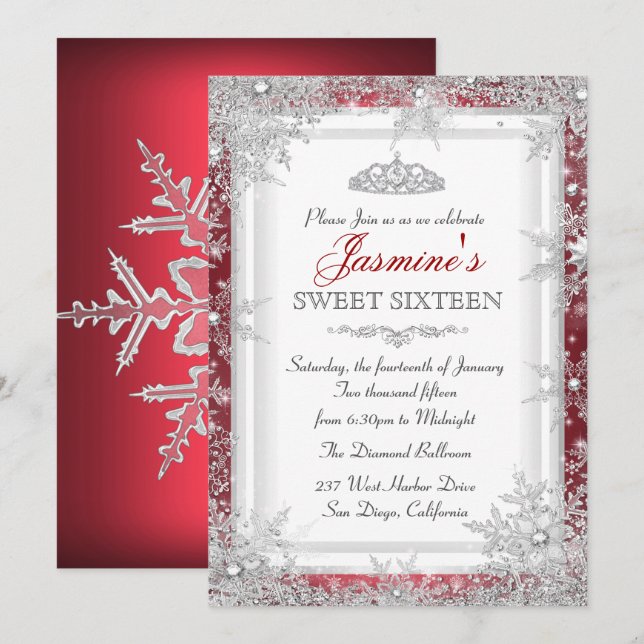 Red Silver Winter Wonderland Sweet 16 Invitation (Devant / Derrière)
