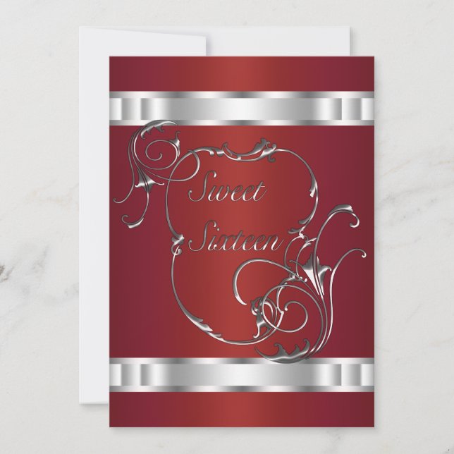 Red Silver Wirbel Elegant Sweet Sixeen Einladung (Vorderseite)