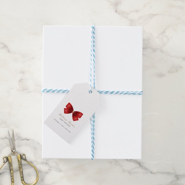 Red Simple Watercolor Bow Baby Dusche Geschenkanhänger (Mit Garn)