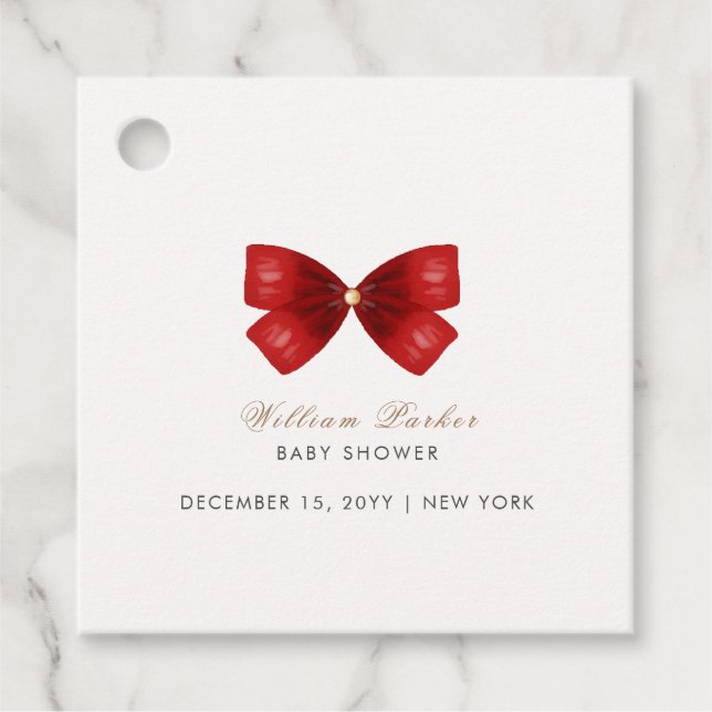 Red Simple Watercolor Bow Baby Dusche Geschenkanhänger (Vorderseite)