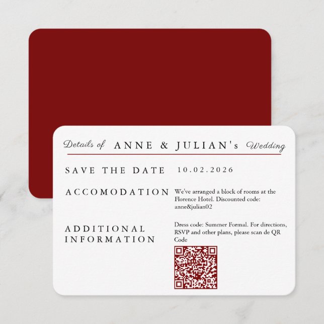 Red Simple Wedding Invitation Details Card RSVP Karte (Vorne/Hinten)