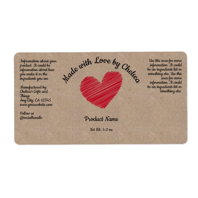 Red Sketchy Heart "Made with Liebe" Produktlabel (Vorne)