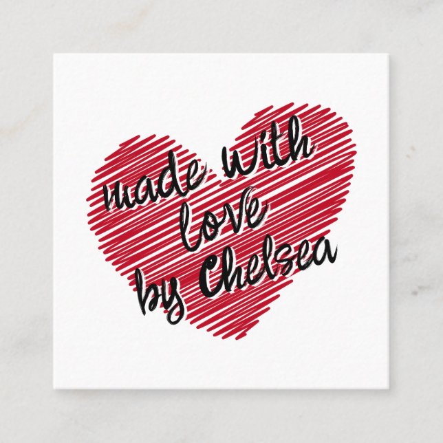 Red Sketchy Heart "Made with Liebe" Quadratische Visitenkarte (Vorderseite)