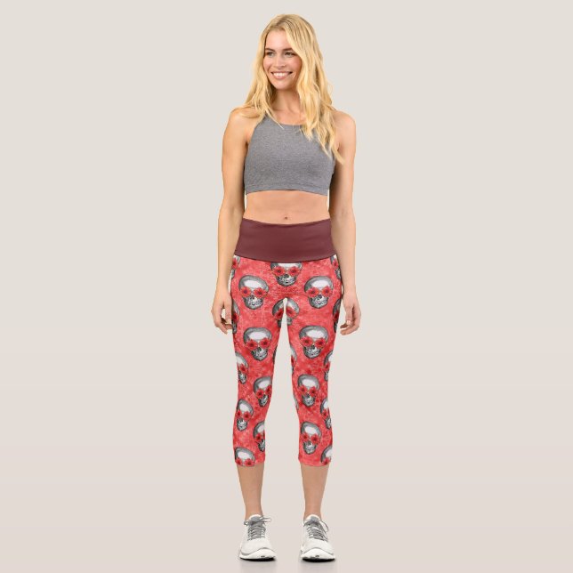 Red Skulls and Sunflower Series Design 13 Capri Leggings (Vorderseite)
