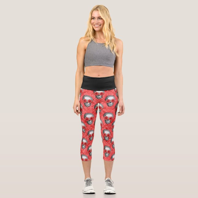 Red Skulls and Sunflower Series Design 13 Capri Leggings (Vorderseite)