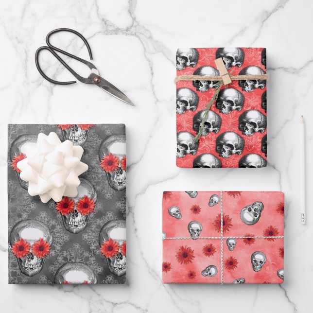 Red Skulls and Sunflower Series Design 3 Geschenkpapier Set (Vorderseite)