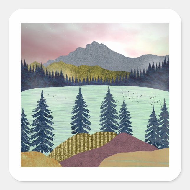 Red Sky Lake Landschaft Quadratischer Aufkleber (Vorderseite)