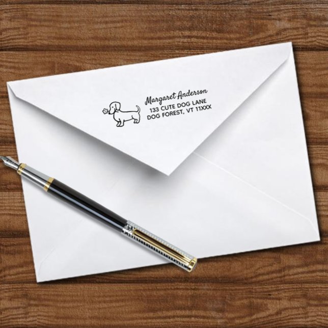 Red Smooth Dackel Tiny Blume Rücksendeadresse Permastempel (Red Smooth Hair Dachshund Tiny Flower Return Address Self-Inking Stamp featuring cute Doxie.)